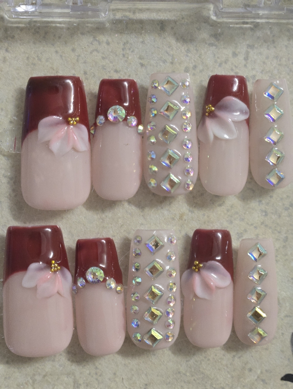 Burgundy & Blush Floral Rhinestone Press-On Nail Set, Medium Length Square Shape